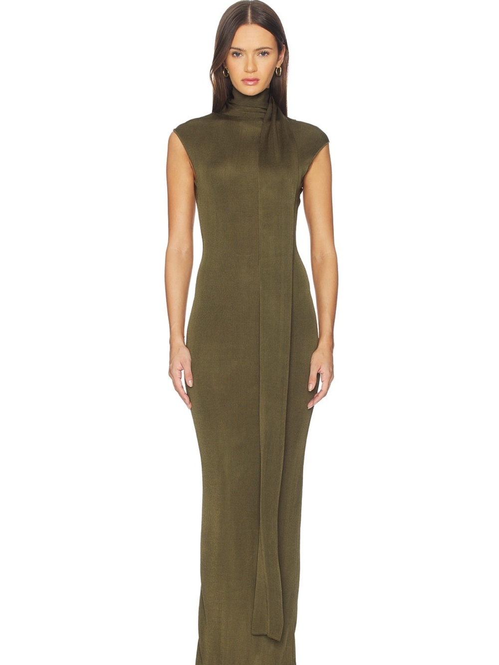 Sleeveless Olive Maxi Dress with Turtleneck Drape